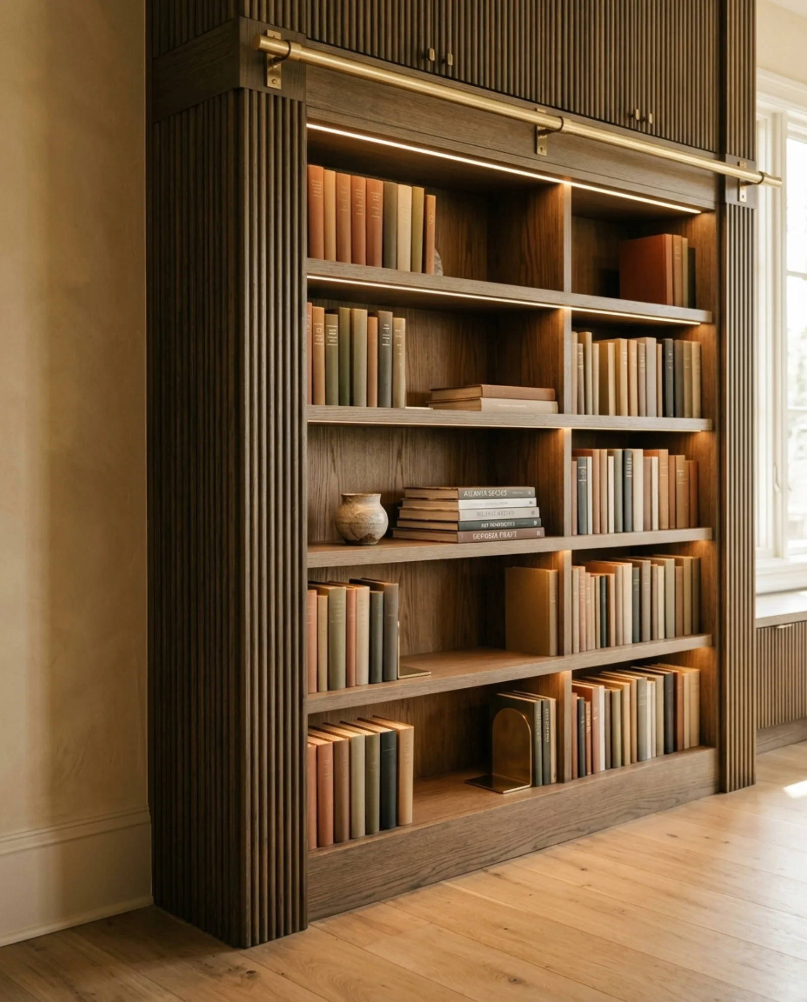 A custom fluted white oak library wall with brass library rail and integrated linear lighting.