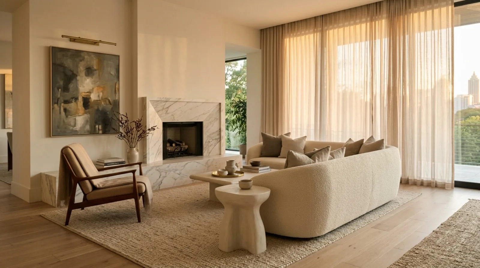 A late-afternoon view of a refined living room with a Calacatta marble fireplace, a sculptural cream boucle sofa, a walnut lounge chair, and brass picture lighting.