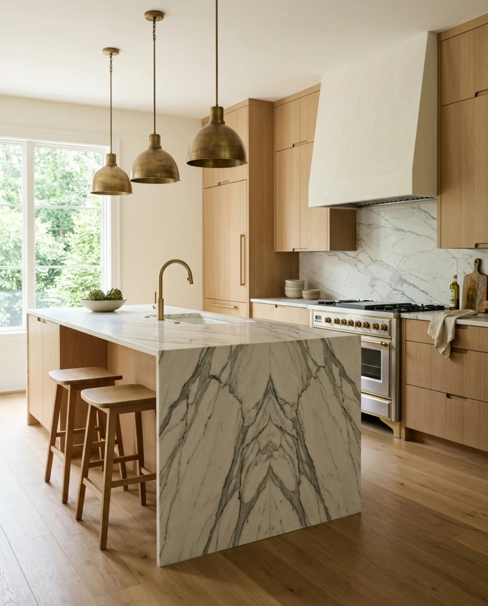 A Calacatta quartzite waterfall island in a custom kitchen.