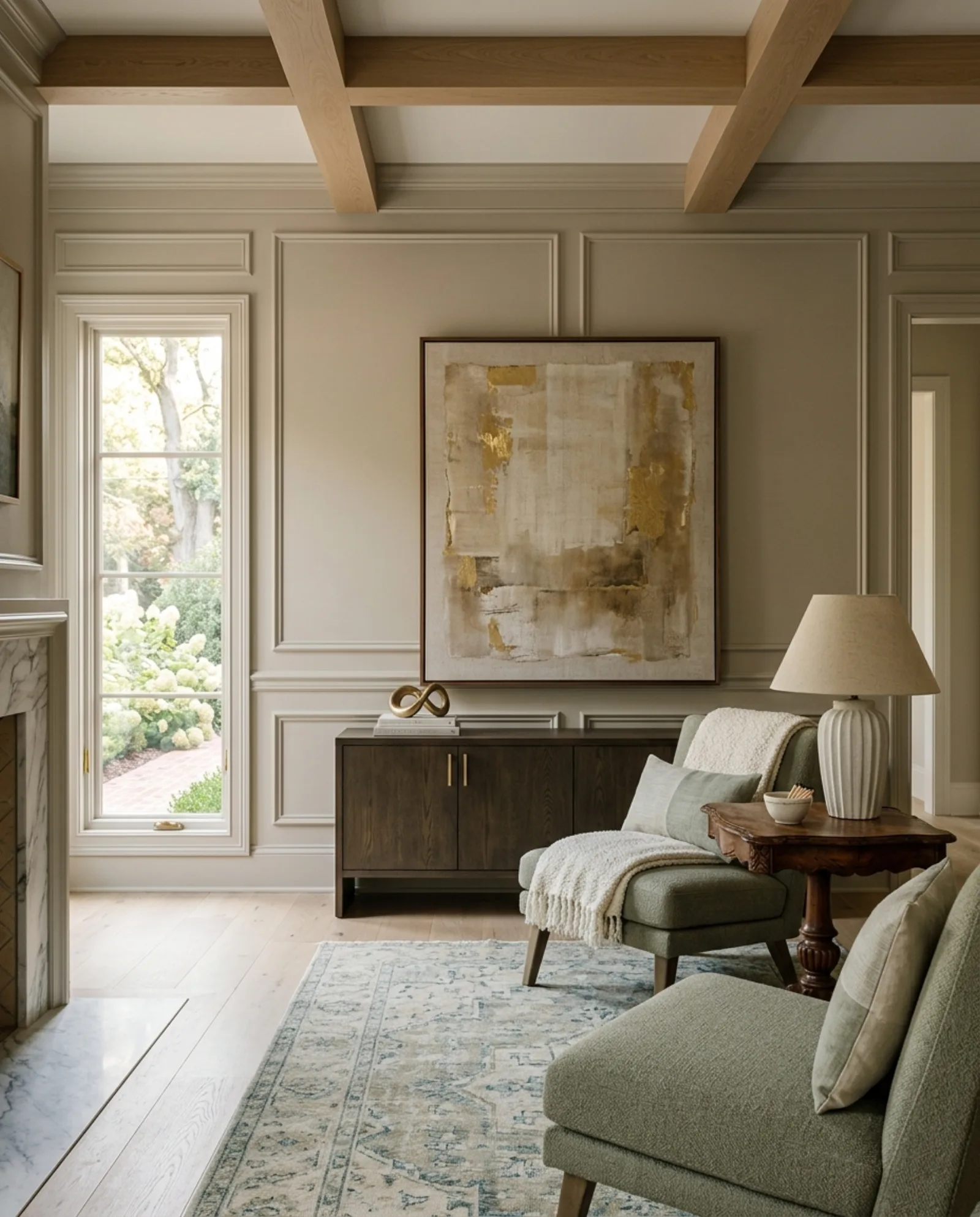 A refined sitting room with paneled millwork, a coffered ceiling, layered linen textiles, and a fluted plaster lamp.